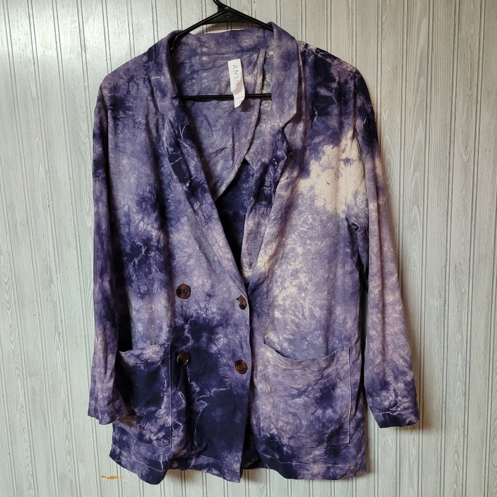 Anthropologie Amadi Shine Linen Tie Dye Purple Blazer Jacket